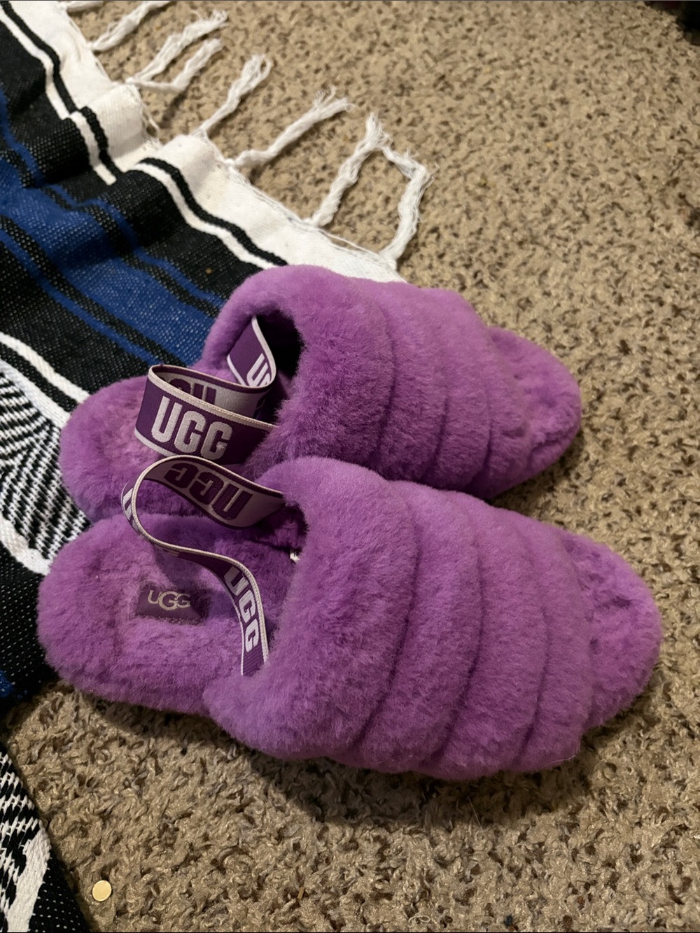 UGG Kids Purple Fluffy Slide Slippers with Logo Strap